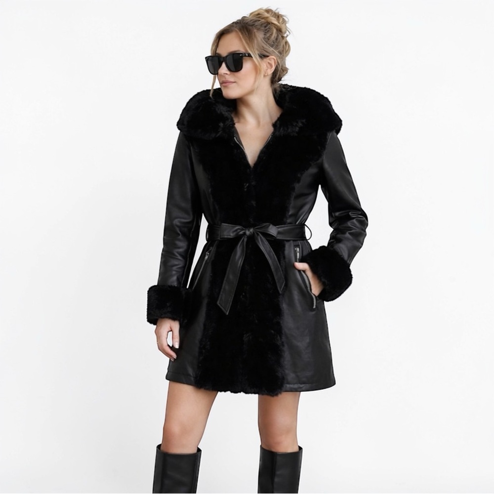 Naomi Faux Shearling Belted Jacket Black Faux Leather Fur Lined Hooded Coat